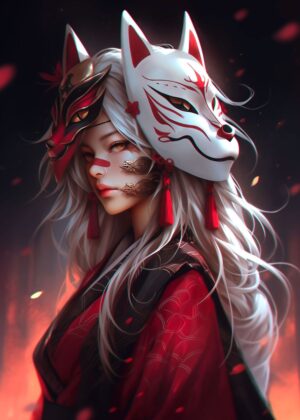 Fantasy Samurai Girl: Kitsune Mask Artwork - Premium Wooden Framed Poster. Ready to Hang.