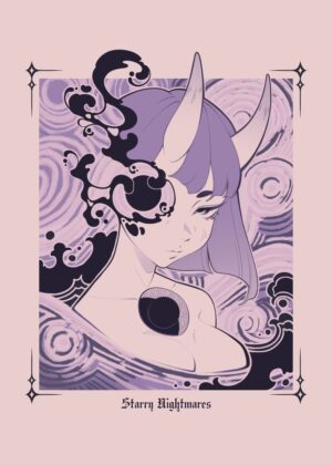 Starry Nightmares: Ethereal Demon Girl Art Print - Premium Wooden Framed Poster. Ready to Hang.