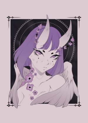Oni Eyes: Angelic Demon Girl Art Print - Premium Wooden Framed Poster. Ready to Hang.