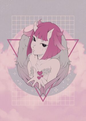 Angelic Valentine's Day Art Print: Pastel Pink Dreamy Demon Girl - Premium Wooden Framed Poster. Ready to Hang.