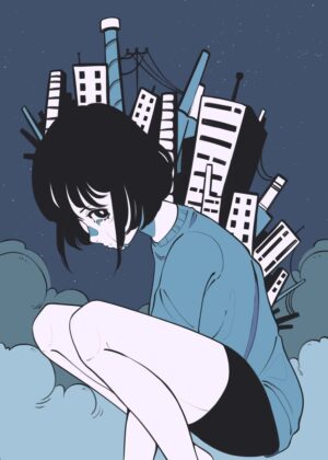 The Weight of the World: Anime Girl and Cityscape - Premium Wooden Framed Poster. Ready to Hang.