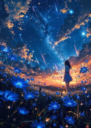 Celestial Bloom: A Night of Wonder and Dreams - Premium Wooden Framed Poster. Ready to Hang.