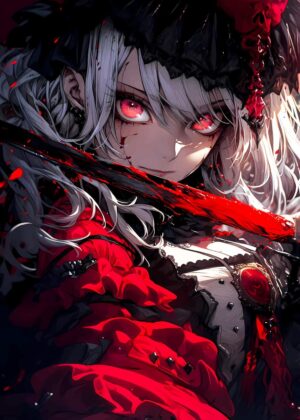 Crimson Gaze: Anime Girl with Red Eyes - Premium Wooden Framed Poster. Ready to Hang.