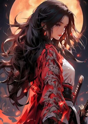 Fiery Anime Girl with Katana - Premium Wooden Framed Poster. Ready to Hang.