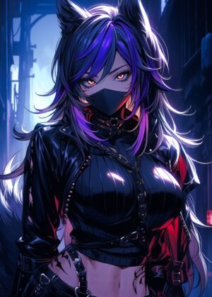 Cyberninja Ronin Foxgirl: Dark Cyberpunk Anime Art Print - Premium Wooden Framed Poster. Ready to Hang.