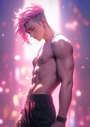 Radiant Anime Boy: Glowing Digital Art Print - Premium Wooden Framed Poster. Ready to Hang.