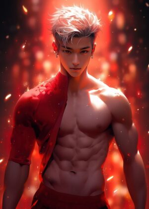 Cool Guy Anime Art Print: Fiery Red and White - Premium Wooden Framed Poster. Ready to Hang.