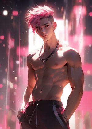 Anime Handsome Guy: City Lights - Premium Wooden Framed Poster. Ready to Hang.