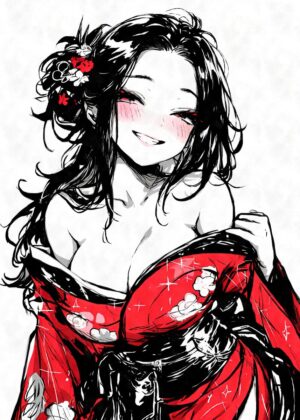 Anime Girl in Red Kimono: Sensual Ink Artwork - Premium Wooden Framed Poster. Ready to Hang.