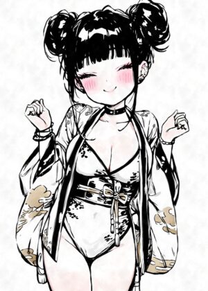 Kawaii Sexy Kimono Girl Art Print - Premium Wooden Framed Poster. Ready to Hang.