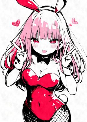Anime Bunny Girl Art Print: A Burst of Pink and Red - Premium Wooden Framed Poster. Ready to Hang.