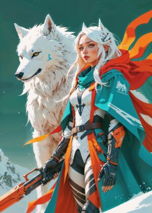 Anime Girl Wolf Guardian: A Fantasy Art Print - Premium Wooden Framed Poster. Ready to Hang.