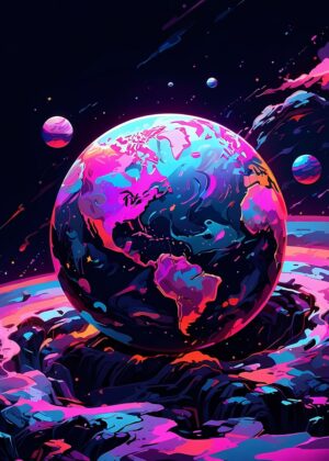 Futuristic Planet: Vibrant Cosmic Artwork - Premium Wooden Framed Poster. Ready to Hang.