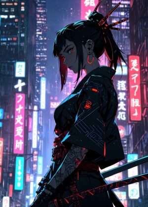 Cyberpunk Anime Girl in Neon City - Premium Wooden Framed Poster. Ready to Hang.