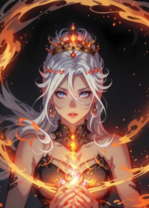 Spirit Flame Queen: Fiery Fantasy Artwork Print - Premium Wooden Framed Poster. Ready to Hang.