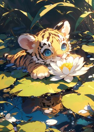 Adorable Baby Tiger and Water Lily - Premium Wooden Framed Poster. Ready to Hang.