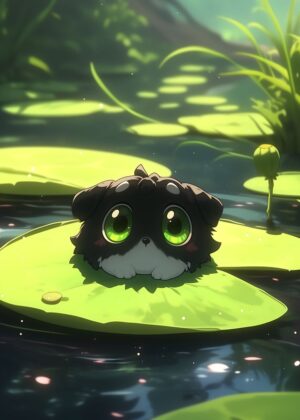 Adorable Creature on a Lily Pad: Anime-Style Nature Artwork - Premium Wooden Framed Poster. Ready to Hang.