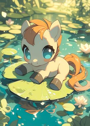 Adorable Baby Pony on a Lily Pad - Premium Wooden Framed Poster. Ready to Hang.