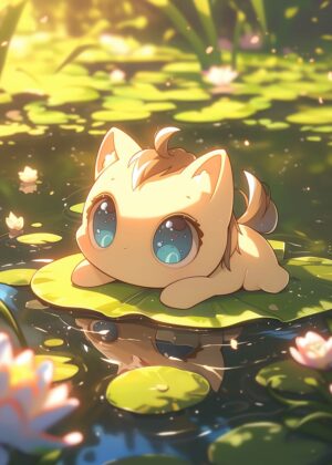 Adorable Kitten Resting on a Lily Pad - Premium Wooden Framed Poster. Ready to Hang.