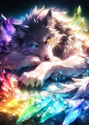 Majestic Rainbow Crystal Wolf Art Print - Premium Wooden Framed Poster. Ready to Hang.