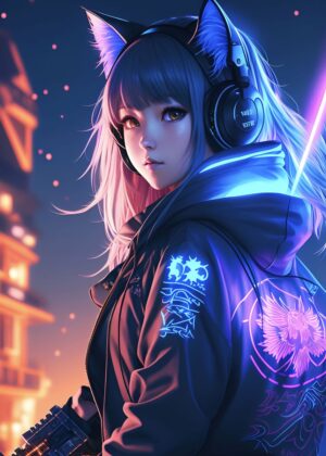 Cyberpunk Anime Girl: Neon Nights - Premium Wooden Framed Poster. Ready to Hang.