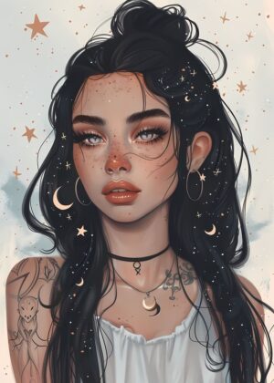 Celestial Tattoo Woman Art Print - Premium Wooden Framed Poster. Ready to Hang.