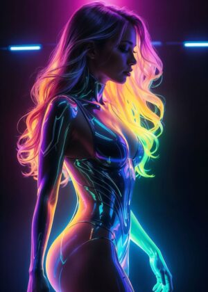 Neon Cyborg Woman: Futuristic Art Print - Premium Wooden Framed Poster. Ready to Hang.