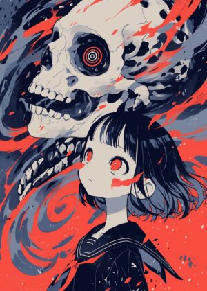 Abnormal Core: Anime Girl and Skull Art Print - Premium Wooden Framed Poster. Ready to Hang.
