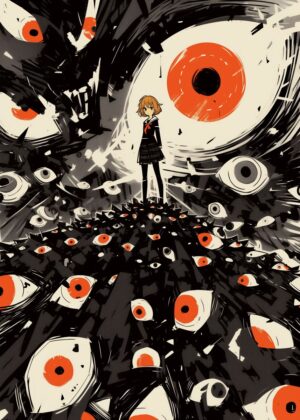 Abnormal Core: A Girl Confronts a Sea of Eyes - Premium Wooden Framed Poster. Ready to Hang.
