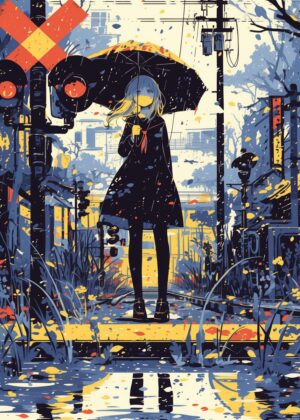 Rainy Day Melancholy: Anime Girl Art Print - Premium Wooden Framed Poster. Ready to Hang.