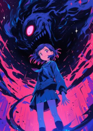 Anime Girl Facing Monstrous Entity: Digital Art Print - Premium Wooden Framed Poster. Ready to Hang.