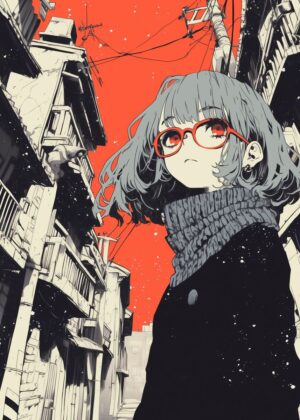 Anime Girl in Urban Winter Scene - Premium Wooden Framed Poster. Ready to Hang.