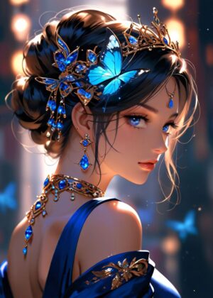 Elegant Fantasy Beauty: Blue Jewel and Butterfly Artwork - Premium Wooden Framed Poster. Ready to Hang.