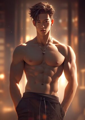 Anime Guy Art Print: Muscular Male Character in Urban Setting - Premium Wooden Framed Poster. Ready to Hang.