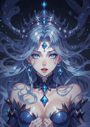 Blue Crystal Queen: Fantasy Art Print - Premium Wooden Framed Poster. Ready to Hang.