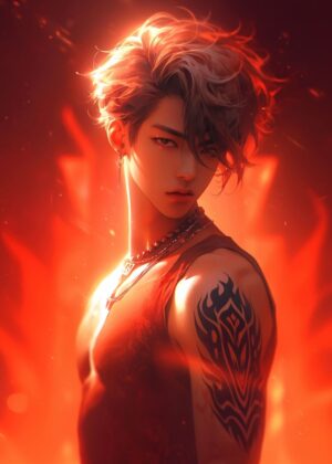 Fiery Anime Boy Art Print - Premium Wooden Framed Poster. Ready to Hang.