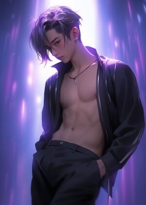 Anime Boy Crazy: Mystical Purple Art Print - Premium Wooden Framed Poster. Ready to Hang.