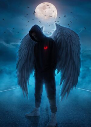 Angel Boy: A Mystical Night Scene - Premium Wooden Framed Poster. Ready to Hang.