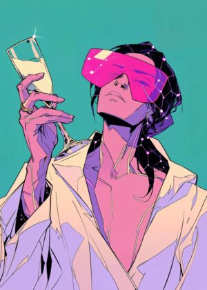 Futuristic Revelry: A Cyberpunk Celebration - Premium Wooden Framed Poster. Ready to Hang.