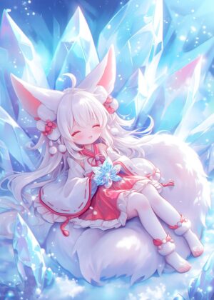 Kitsune Crystal Girl: Anime Art Print - Premium Wooden Framed Poster. Ready to Hang.