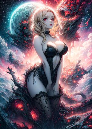 Celestial Siren: Anime Girl in a Cosmic Landscape - Premium Wooden Framed Poster. Ready to Hang.