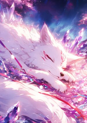 Sweet Dreams: A Baby Kitsune's Slumber - Premium Wooden Framed Poster. Ready to Hang.