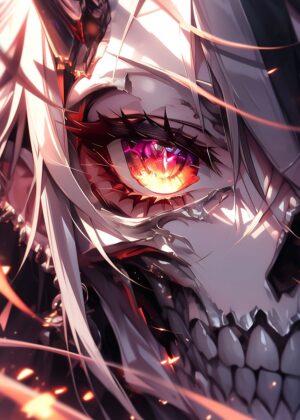 Fiery Gaze: Anime Skull Girl Art Print - Premium Wooden Framed Poster. Ready to Hang.