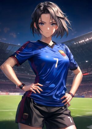 Stunning Anime Girl Soccer Player Artwork - Premium Wooden Framed Poster. Ready to Hang.