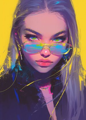 Stylish Woman: Vibrant Digital Art Print - Premium Wooden Framed Poster. Ready to Hang.