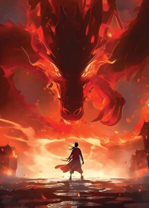 Fiery Confrontation: Dragon and Warrior - Premium Wooden Framed Poster. Ready to Hang.