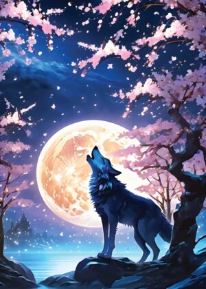 Kitsune and Cherry Blossoms Under the Moon - Premium Wooden Framed Poster. Ready to Hang.