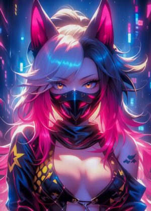 Neon Vixen: Cyberpunk Anime Girl Art Print - Premium Wooden Framed Poster. Ready to Hang.