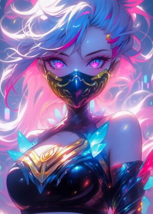 Neon Empress: Anime Girl Digital Art Print - Premium Wooden Framed Poster. Ready to Hang.