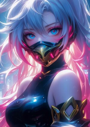 Neon Princess: Cyberpunk Anime Girl Art Print - Premium Wooden Framed Poster. Ready to Hang.